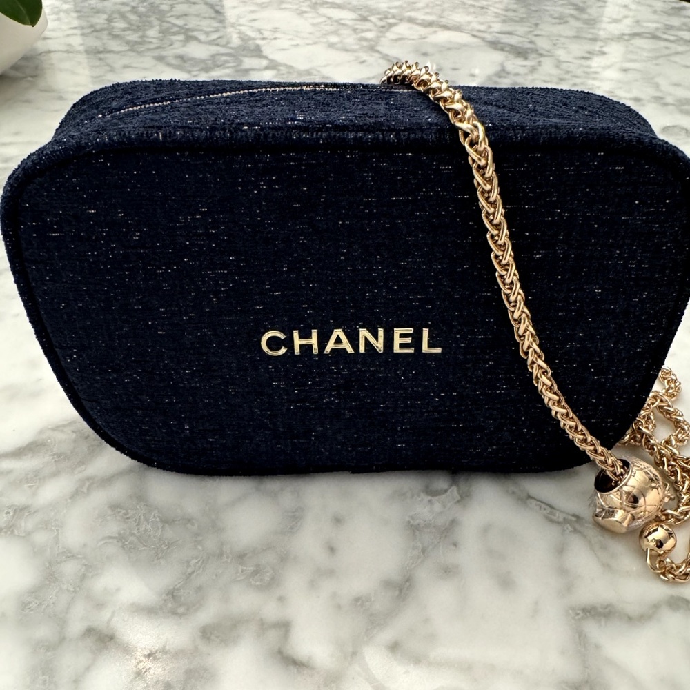 Chanel Fresh Start Beauty Cosmetics Bag Holiday 2023 Blue Navy Adjustable Chain